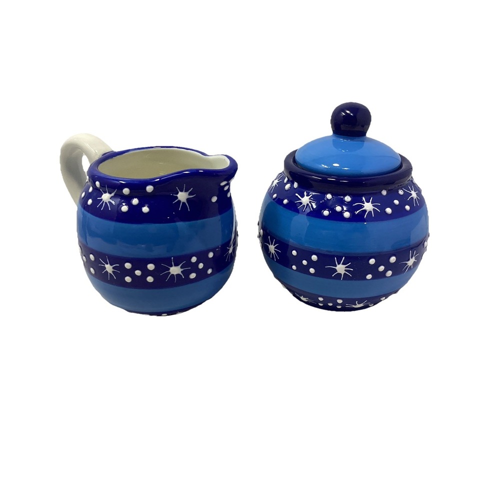 Pfaltzgraff Ice Crystals Sugar Bowl and Creamer Set Hand Painted Snowflakes